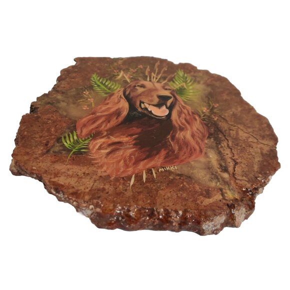 Hand Painted Agate Slab Art Of Irish Setter Dog Portrait 8.5x7" Signed - Picture 3 of 13